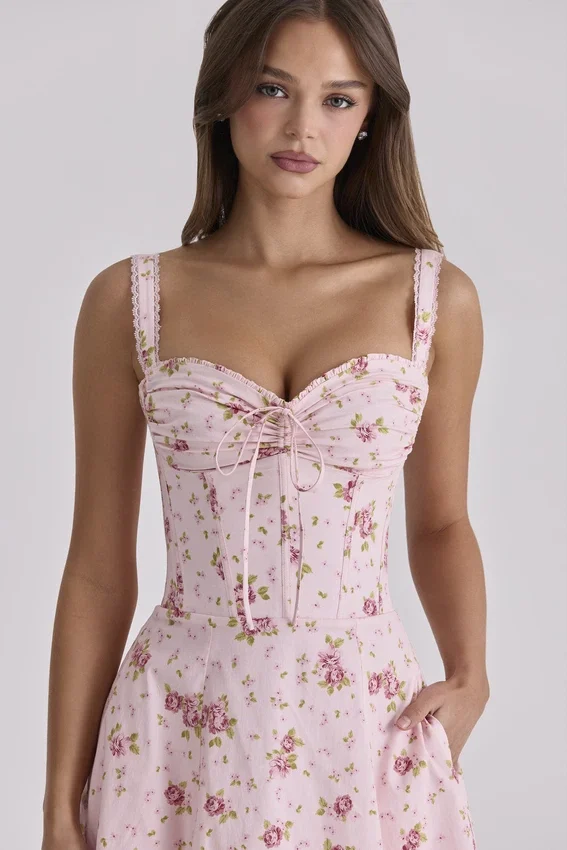 Rosalee Vintage Rose Pink Floral Print Midi Dress Rosalee Vintage Rose Pink Floral Print Midi Dress