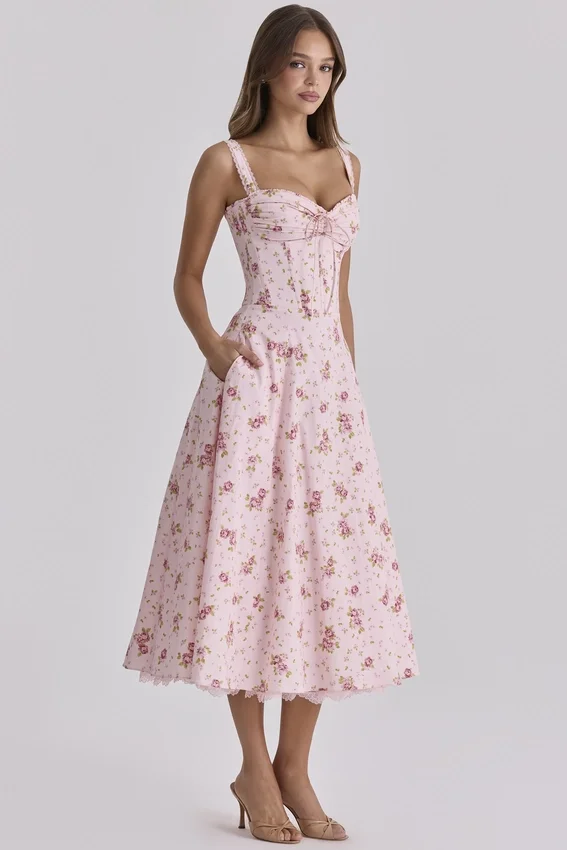 Rosalee Vintage Rose Pink Floral Print Midi Dress Rosalee Vintage Rose Pink Floral Print Midi Dress