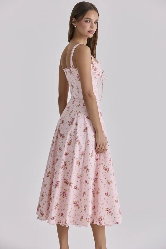 Rosalee Vintage Rose Pink Floral Print Midi Dress Rosalee Vintage Rose Pink Floral Print Midi Dress