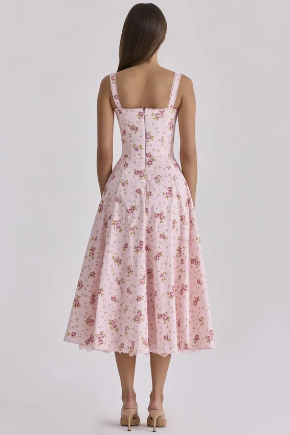 Rosalee Vintage Rose Pink Floral Print Midi Dress Rosalee Vintage Rose Pink Floral Print Midi Dress