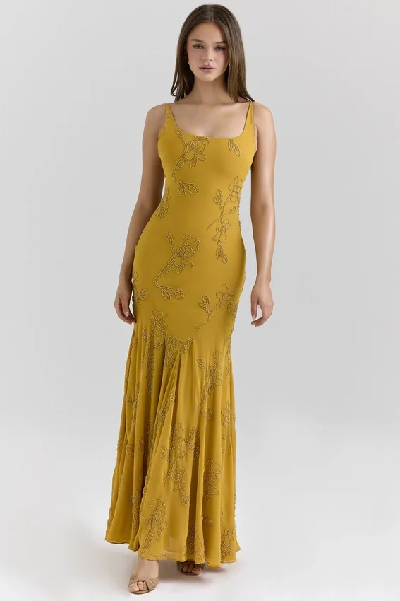 Rosalia Gold Embellished Hand Beaded Maxi Dress Rosalia Gold Embellished Hand Beaded Maxi Dress