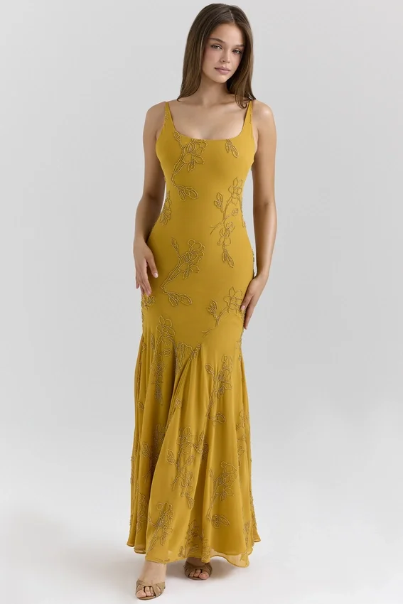 Rosalia Gold Embellished Hand Beaded Maxi Dress Rosalia Gold Embellished Hand Beaded Maxi Dress