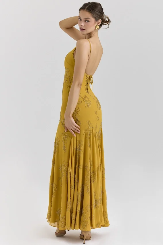 Rosalia Gold Embellished Hand Beaded Maxi Dress Rosalia Gold Embellished Hand Beaded Maxi Dress