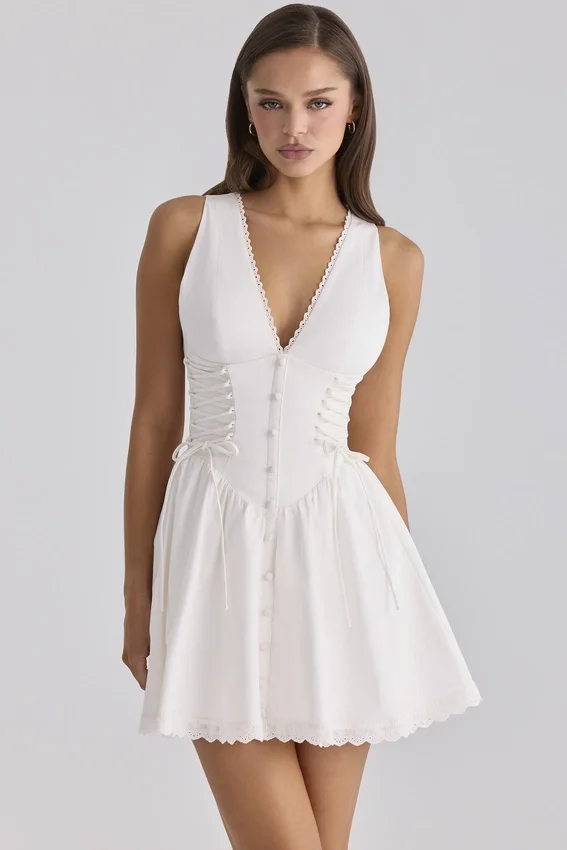 Rosalina White Cotton Lace Up Mini Dress Rosalina White Cotton Lace Up Mini Dress
