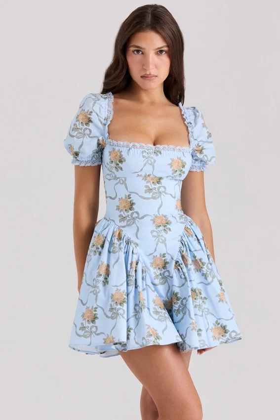 Rosie Blue Rose Print Cotton Mini Dress Rosie Blue Rose Print Cotton Mini Dress