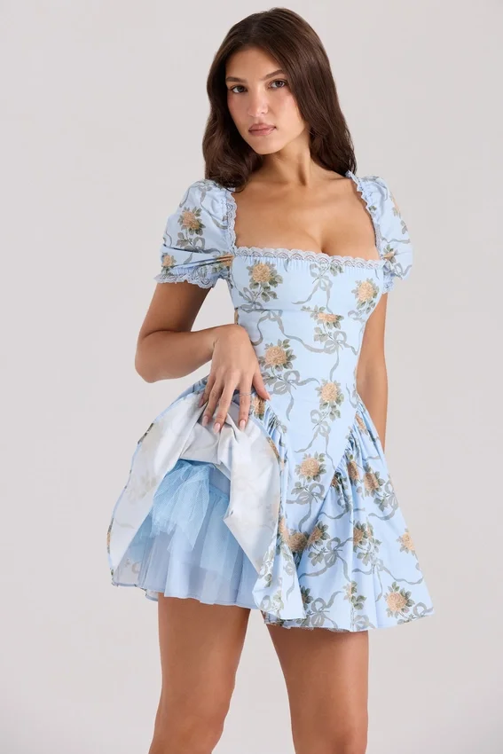 Rosie Blue Rose Print Cotton Mini Dress Rosie Blue Rose Print Cotton Mini Dress