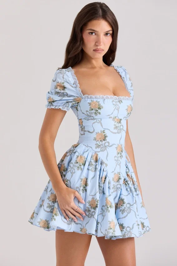Rosie Blue Rose Print Cotton Mini Dress Rosie Blue Rose Print Cotton Mini Dress
