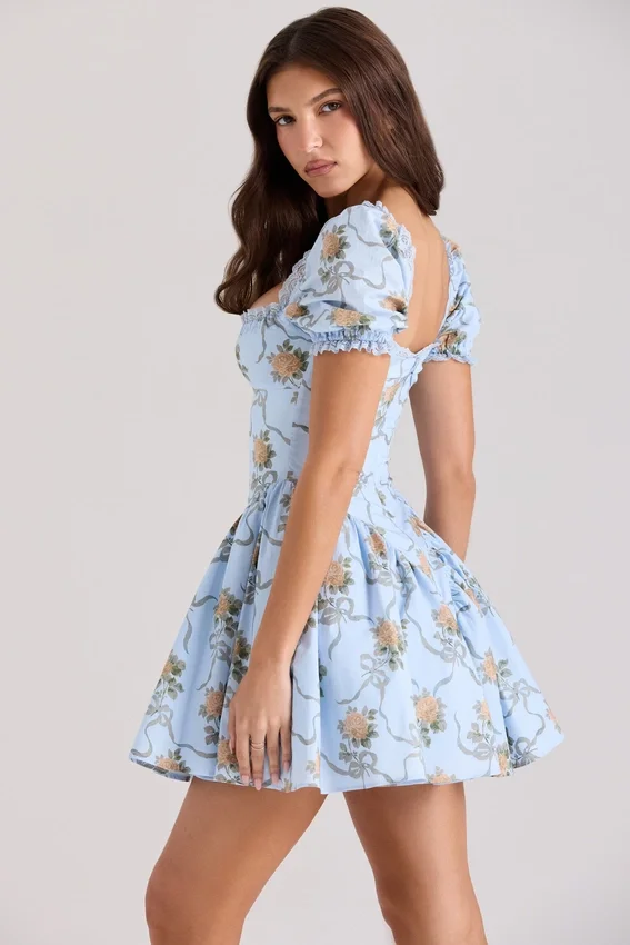 Rosie Blue Rose Print Cotton Mini Dress Rosie Blue Rose Print Cotton Mini Dress