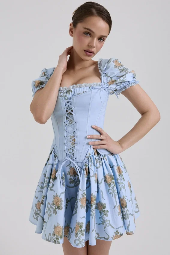 Rosie Blue Rose Print Cotton Mini Dress Rosie Blue Rose Print Cotton Mini Dress