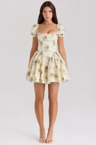 Rosie Lemon Rose Print Cotton Mini Dress