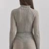 Rowena Grey Velour Sheer Striped Bodysuit