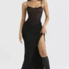 Ruby Black Satin Lace Trim Midi Skirt Ruby Black Satin Lace Trim Midi Skirt