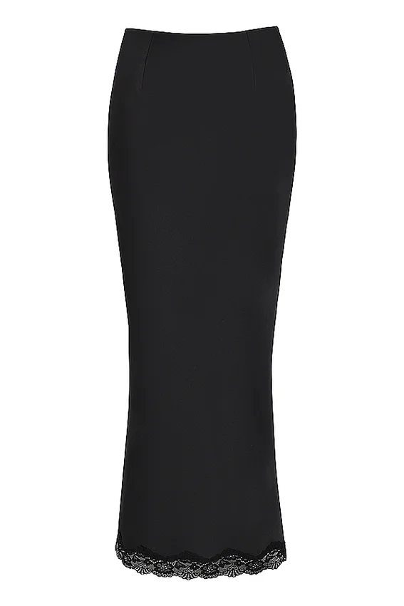 Ruby Black Satin Lace Trim Midi Skirt Ruby Black Satin Lace Trim Midi Skirt