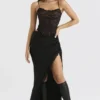 Ruby Black Satin Lace Trim Midi Skirt Ruby Black Satin Lace Trim Midi Skirt