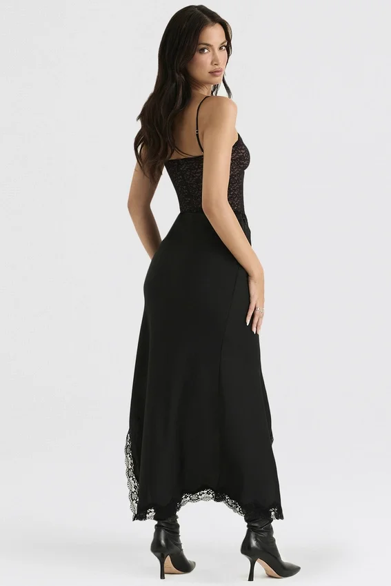 Ruby Black Satin Lace Trim Midi Skirt Ruby Black Satin Lace Trim Midi Skirt