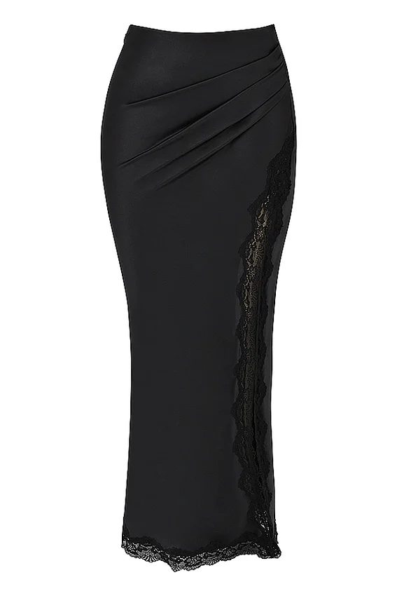 Ruby Black Satin Lace Trim Midi Skirt Ruby Black Satin Lace Trim Midi Skirt