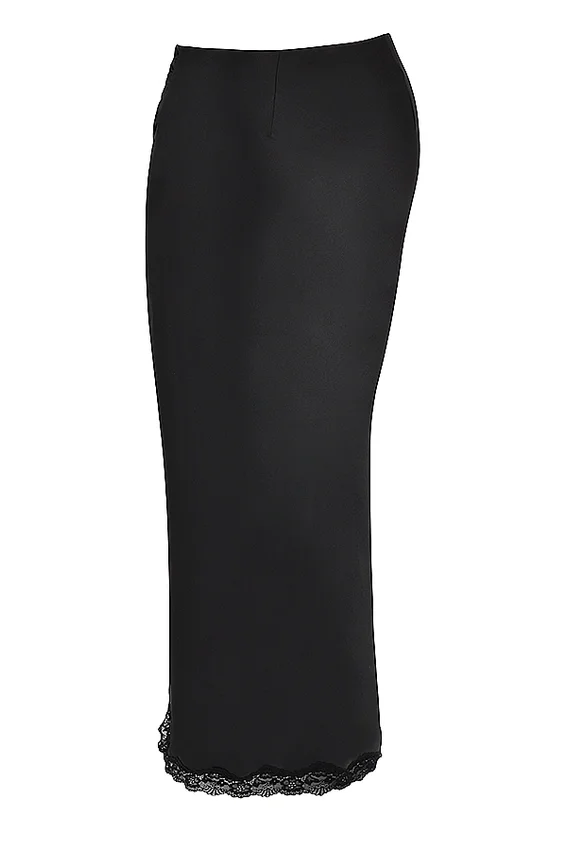 Ruby Black Satin Lace Trim Midi Skirt Ruby Black Satin Lace Trim Midi Skirt