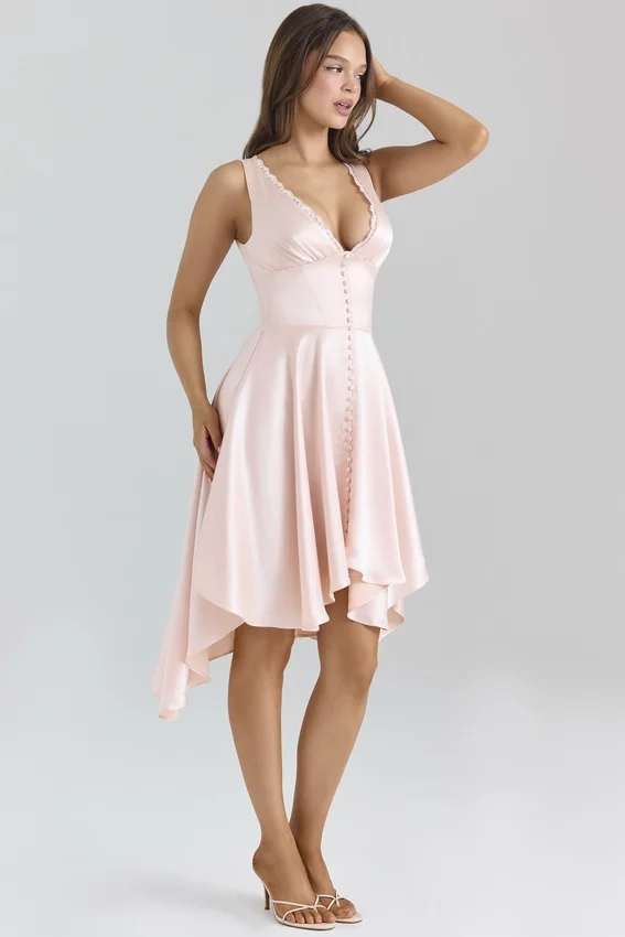 Sabella Pink Satin Asymmetric Handkerchief Hem Midi Dress Sabella Pink Satin Asymmetric Handkerchief Hem Midi Dress