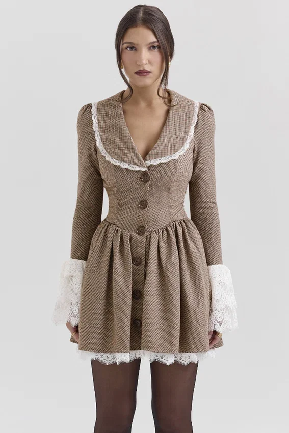 Sable Brown Puppytooth Check Mini Dress Sable Brown Puppytooth Check Mini Dress