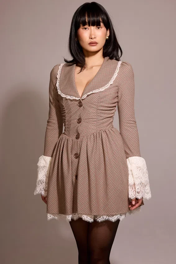 Sable Brown Puppytooth Check Mini Dress Sable Brown Puppytooth Check Mini Dress