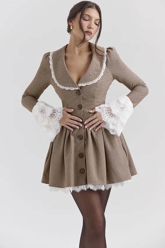 Sable Brown Puppytooth Check Mini Dress Sable Brown Puppytooth Check Mini Dress