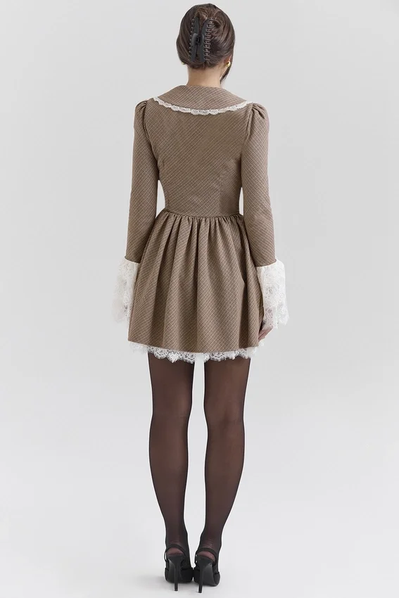Sable Brown Puppytooth Check Mini Dress Sable Brown Puppytooth Check Mini Dress