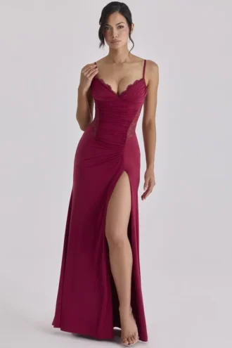 Sabrine Wine Lace Trim Maxi Dress + Corset