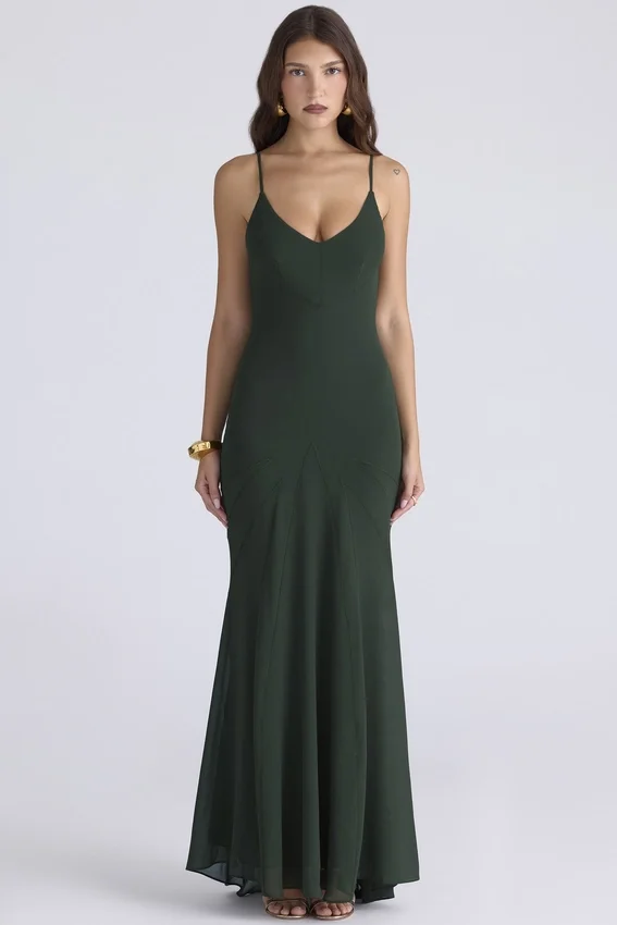Sacha Forest Green Georgette Panelled Maxi Dress Sacha Forest Green Georgette Panelled Maxi Dress