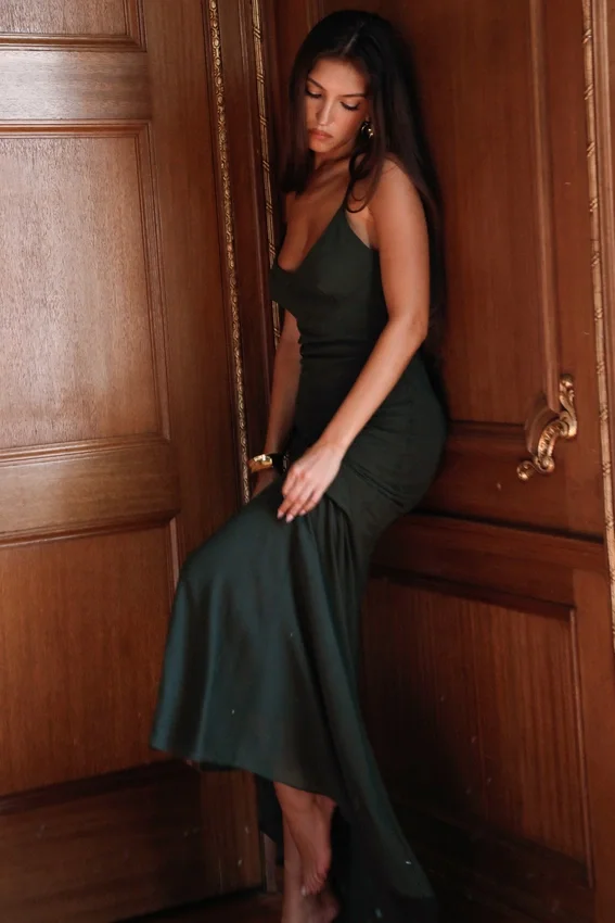 Sacha Forest Green Georgette Panelled Maxi Dress Sacha Forest Green Georgette Panelled Maxi Dress