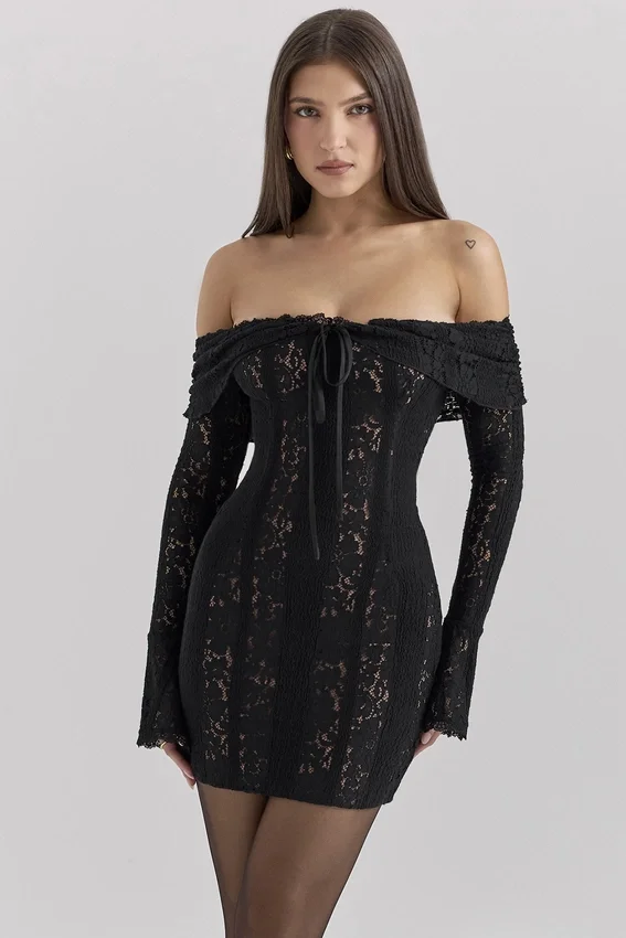 Sadie Black Floral Lace Off Shoulder Mini Dress Sadie Black Floral Lace Off Shoulder Mini Dress