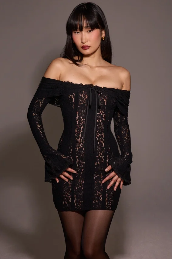 Sadie Black Floral Lace Off Shoulder Mini Dress Sadie Black Floral Lace Off Shoulder Mini Dress