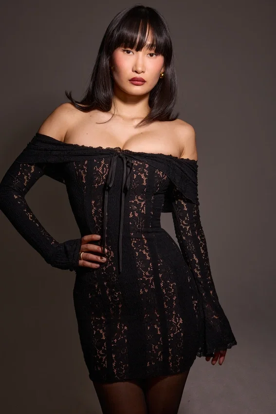 Sadie Black Floral Lace Off Shoulder Mini Dress Sadie Black Floral Lace Off Shoulder Mini Dress