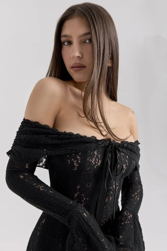 Sadie Black Floral Lace Off Shoulder Mini Dress Sadie Black Floral Lace Off Shoulder Mini Dress
