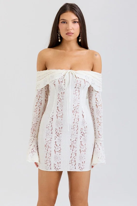 Sadie Vintage Cream Floral Lace Off Shoulder Mini Dress Sadie Vintage Cream Floral Lace Off Shoulder Mini Dress