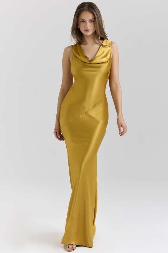 Safaira Amber Satin Draped Cowl Neck Maxi Dress Safaira Amber Satin Draped Cowl Neck Maxi Dress