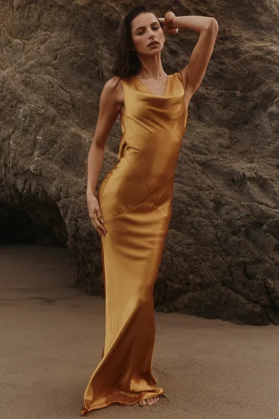 Safaira Amber Satin Draped Cowl Neck Maxi Dress Safaira Amber Satin Draped Cowl Neck Maxi Dress