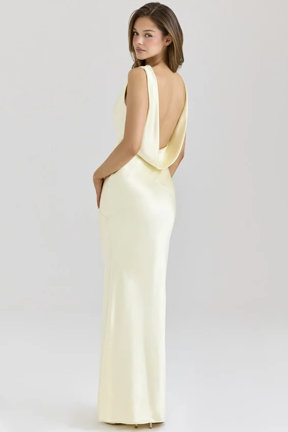 Safaira Buttermilk Satin Draped Cowl Neck Maxi Dress Safaira Buttermilk Satin Draped Cowl Neck Maxi Dress