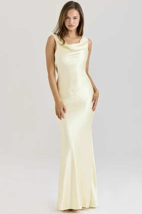 Safaira Buttermilk Satin Draped Cowl Neck Maxi Dress Safaira Buttermilk Satin Draped Cowl Neck Maxi Dress