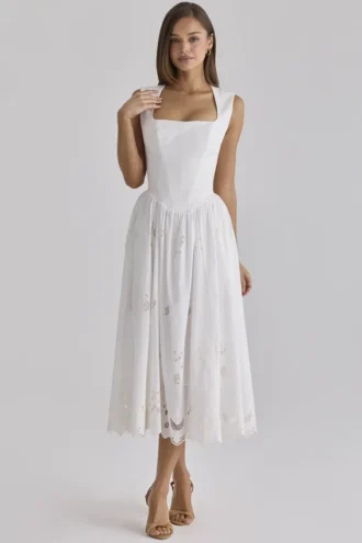 Safira White Floral Broderie Anglaise Cotton Midi Dress