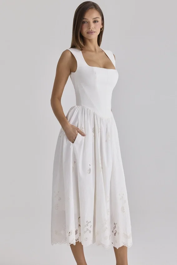 Safira White Floral Broderie Anglaise Cotton Midi Dress Safira White Floral Broderie Anglaise Cotton Midi Dress
