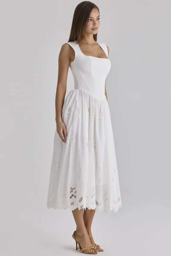 Safira White Floral Broderie Anglaise Cotton Midi Dress Safira White Floral Broderie Anglaise Cotton Midi Dress