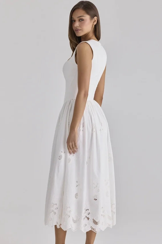 Safira White Floral Broderie Anglaise Cotton Midi Dress Safira White Floral Broderie Anglaise Cotton Midi Dress