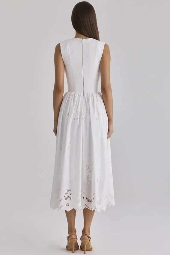Safira White Floral Broderie Anglaise Cotton Midi Dress Safira White Floral Broderie Anglaise Cotton Midi Dress