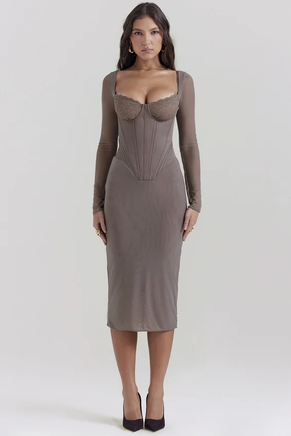 Safran Mocha Corset Midi Dress Safran Mocha Corset Midi Dress