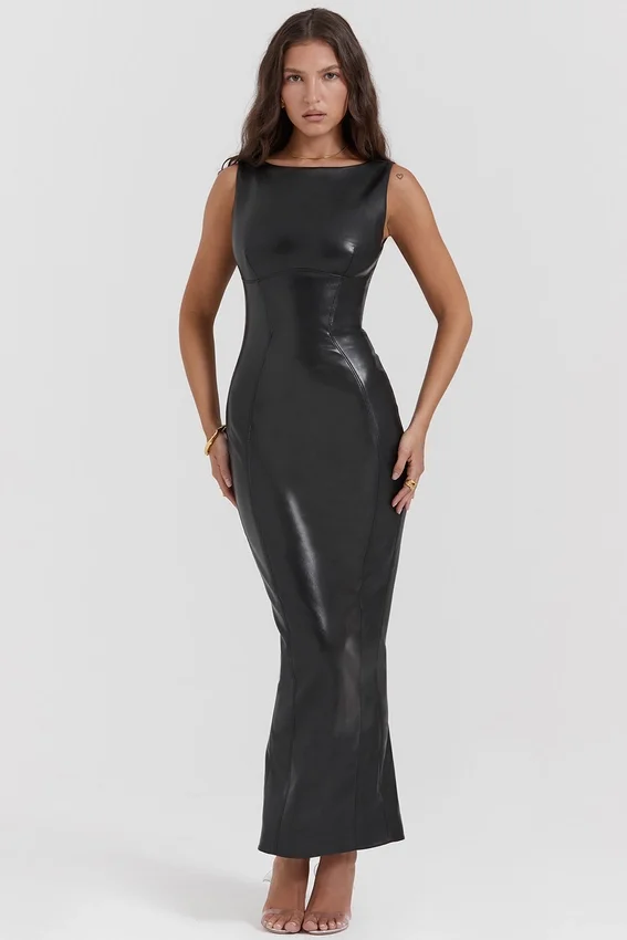 Sahara Black Vegan Leather Maxi Dress Sahara Black Vegan Leather Maxi Dress