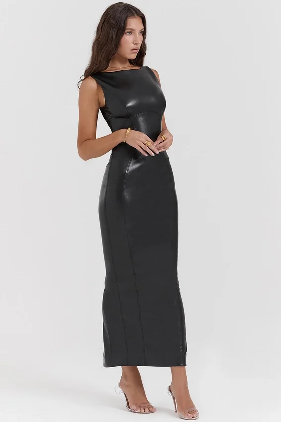 Sahara Black Vegan Leather Maxi Dress Sahara Black Vegan Leather Maxi Dress