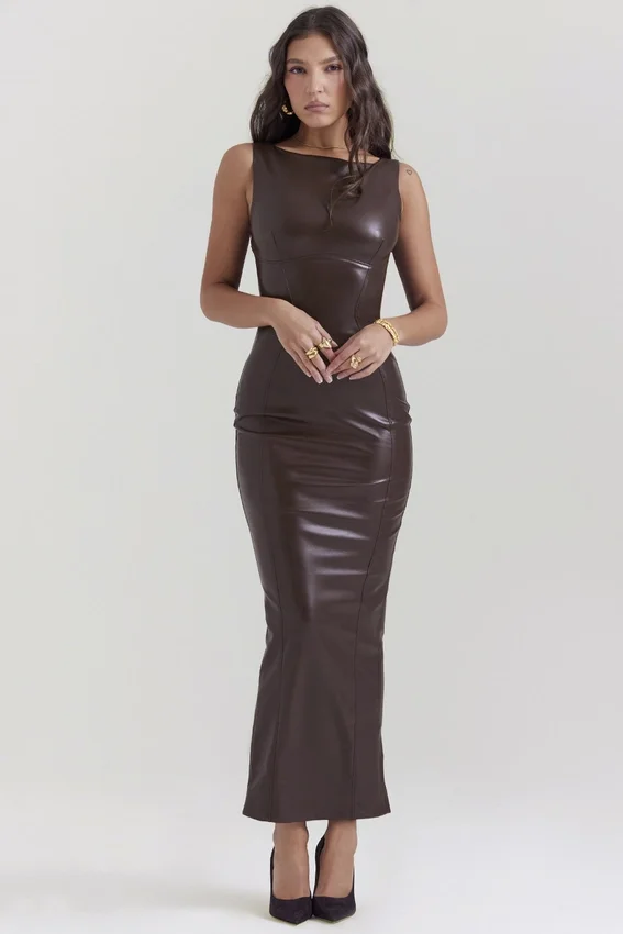 Sahara Cocoa Vegan Leather Maxi Dress Sahara Cocoa Vegan Leather Maxi Dress