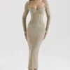 Saisha Beige Mesh Long Sleeve Bodycon Midi Dress Saisha Beige Mesh Long Sleeve Bodycon Midi Dress