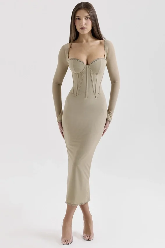 Saisha Beige Mesh Long Sleeve Bodycon Midi Dress Saisha Beige Mesh Long Sleeve Bodycon Midi Dress