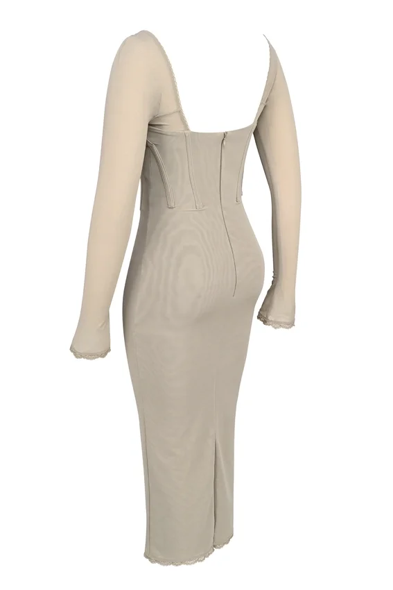 Saisha Beige Mesh Long Sleeve Bodycon Midi Dress Saisha Beige Mesh Long Sleeve Bodycon Midi Dress